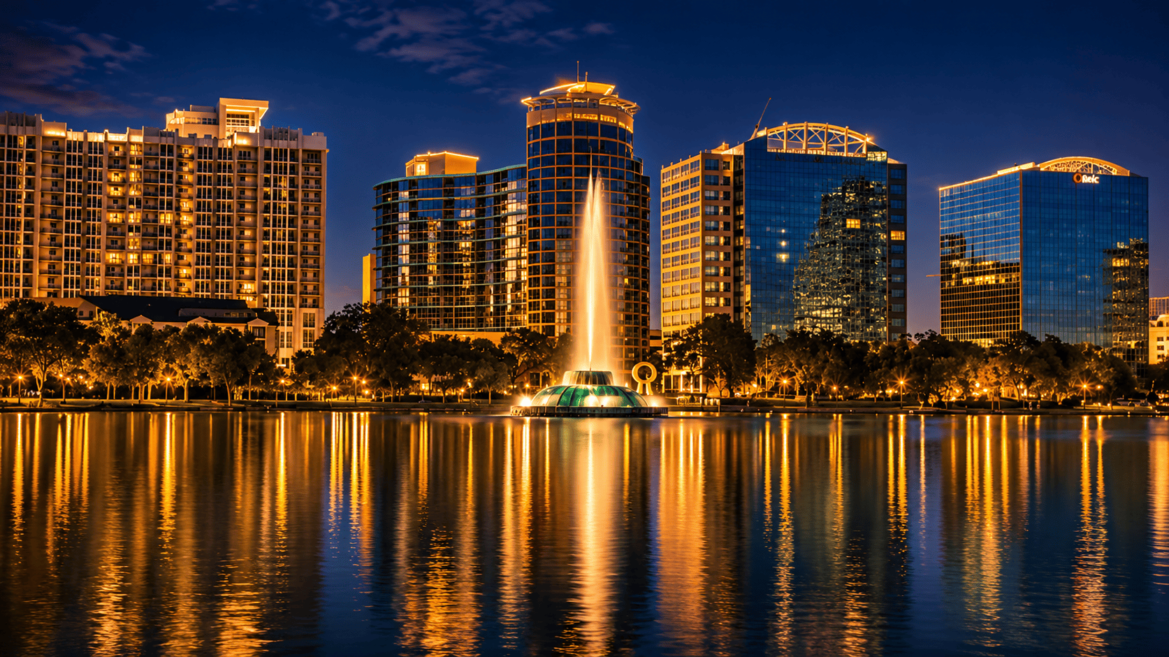 Lago Eola e os edifícios do centro de Orlando, na Flórida